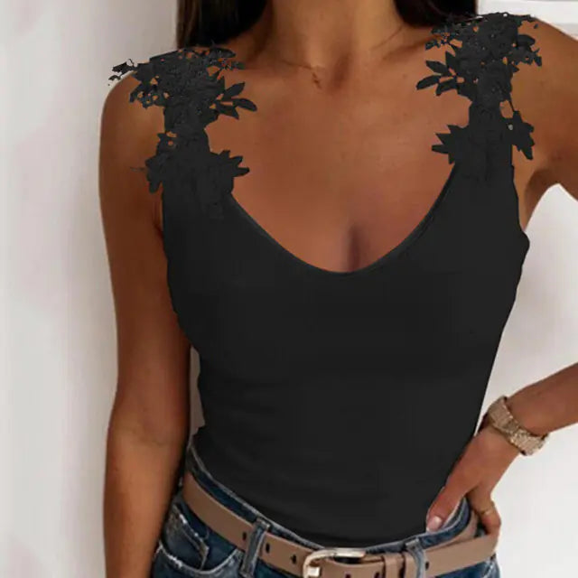 Lace Petal Tank Top  V-Neck Casual T-Shirt