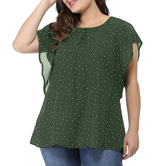 Plus Size Print Layered Sleeve Round Neck Blouse