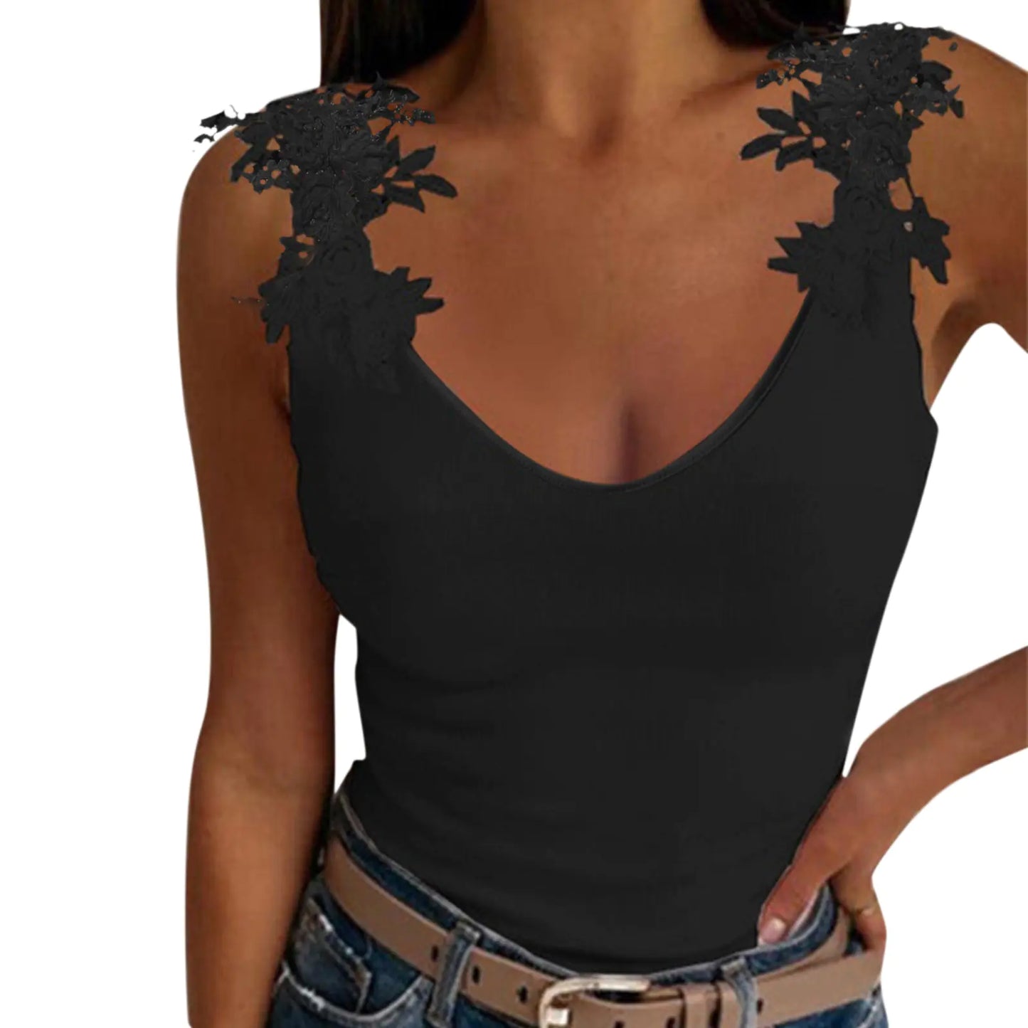 Lace Petal Tank Top  V-Neck Casual T-Shirt