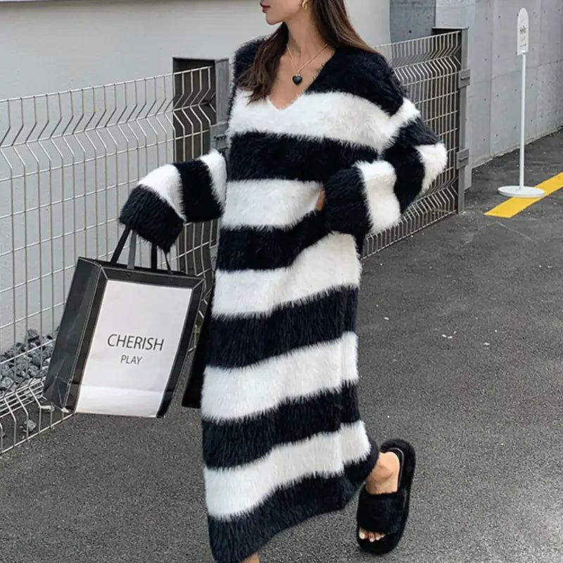 Striped Long Knitted Dress for Women
