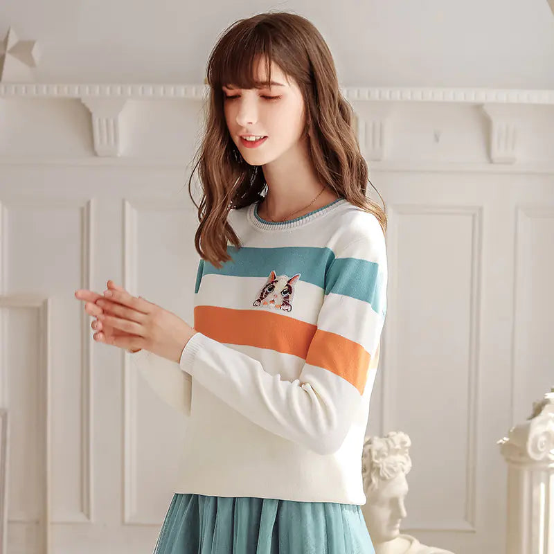 Cartoon Striped Knit Top - Women's Basic Style