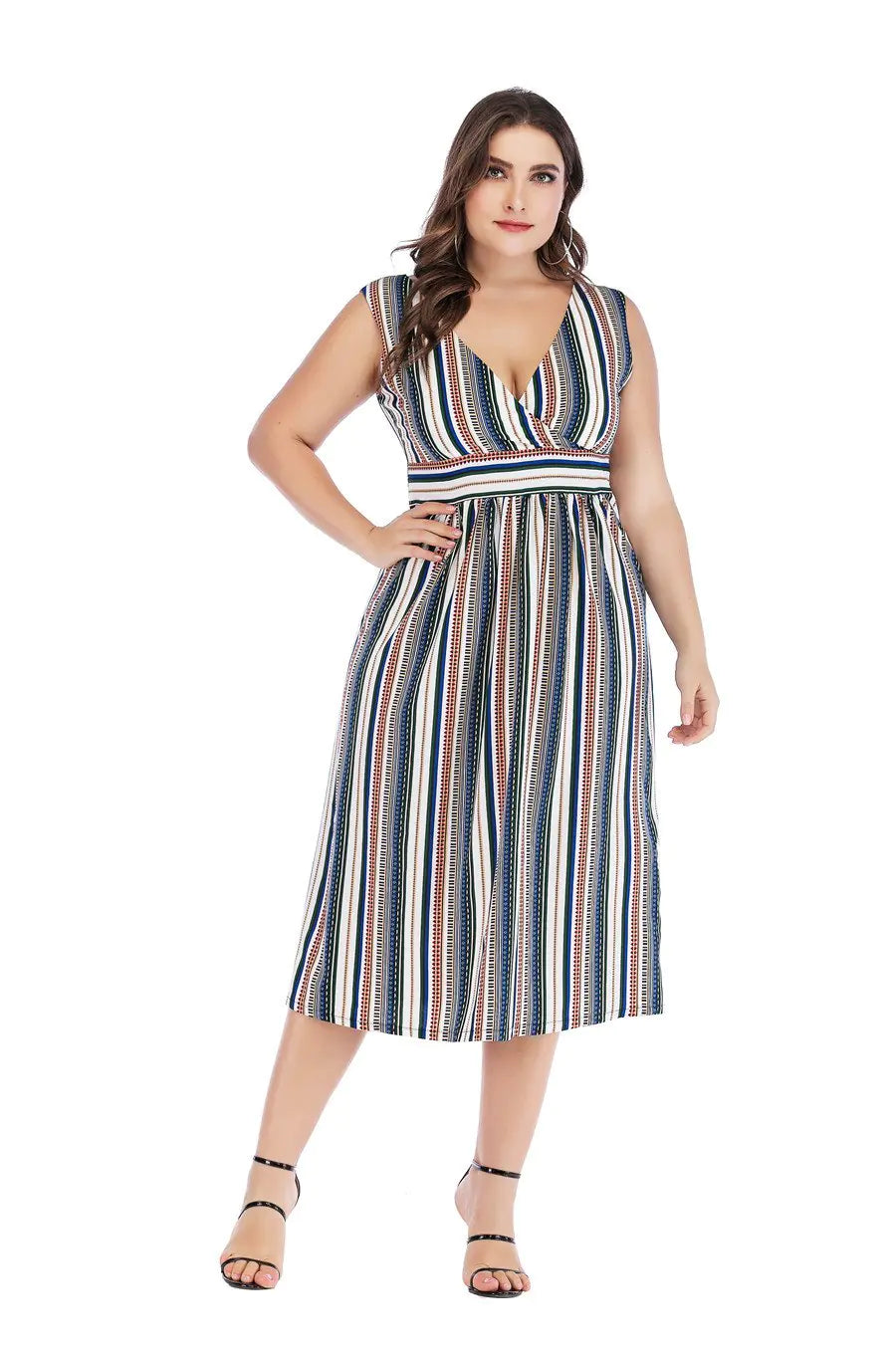 Plus Size Women's V-neck Striped Sleeveless Dress