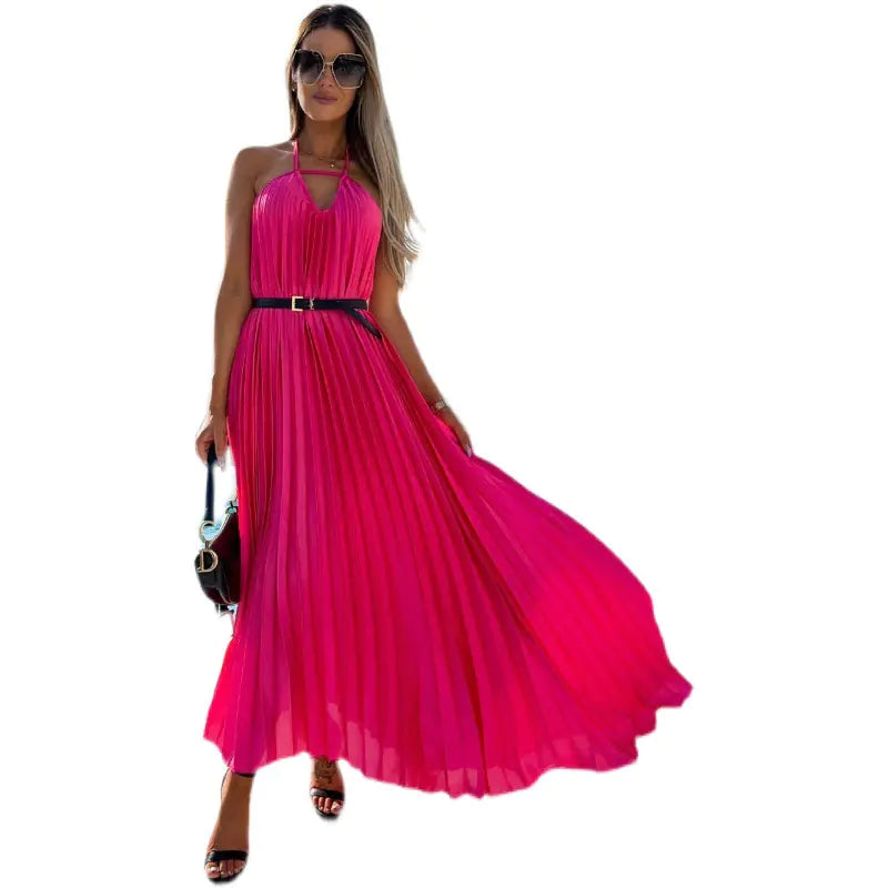 Bohemian Pleated Maxi Dress with Belt
